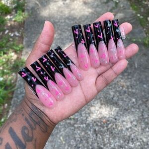 Black French Tips with Pink Hearts